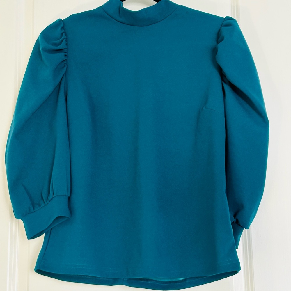 HYFVE Jewel Tone Turquoise Puff Sleeve Blouse with Mandarin Collar